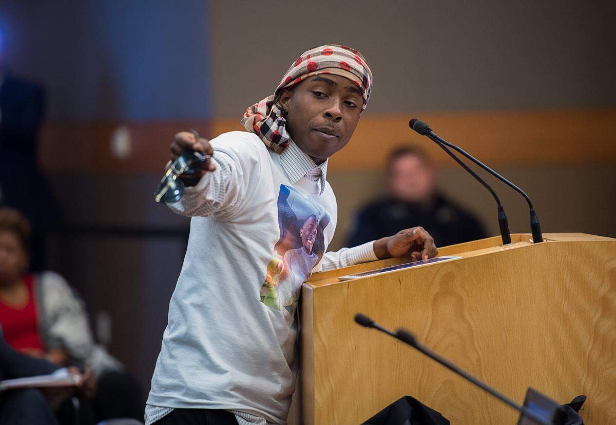 Stevante Clark, brother of Stephon Clark, speaks to the city council and people in the chambers during a city council meeting on April 10, 2018. The brother of Stephon Clark, who was shot and killed by Sacramento officers in 2018, was hospitalized Wednesday, Nov. 1, 2023.