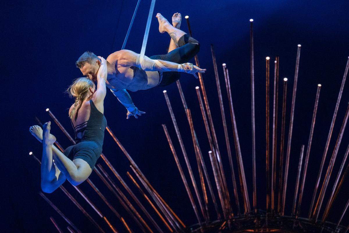 Straps artists Alexey Turchenko and Yulia Makeeva rehearse for the Cirque du Soleil production of Alegría at Sutter Health Park in West Sacramento on Wednesday, July 27, 2022.