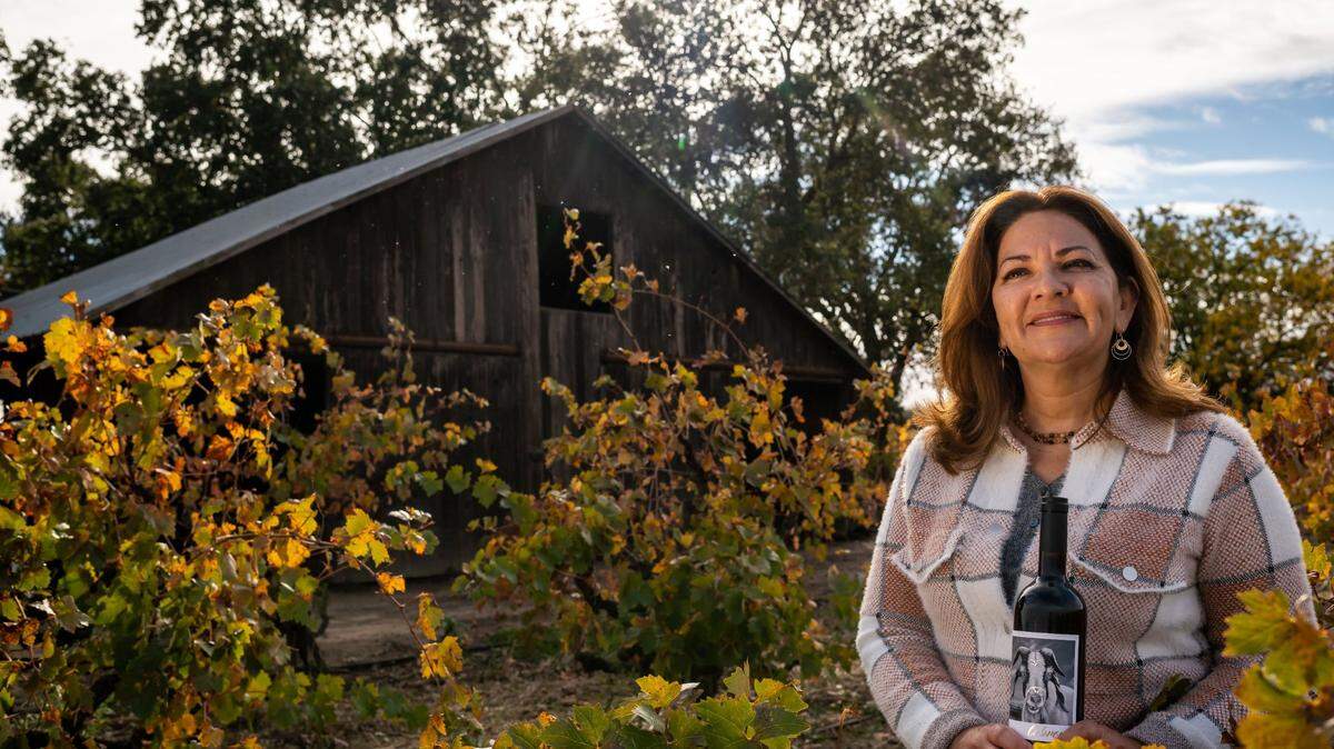 La propietaria de Paskett Vineyards & Winery, Lorraine Paskett, está de pie el martes con una botella de Cabrona, una mezcla de estilo bordelés, en sus viñedos cerca de Lodi. "En parte, honra a mi madre, pero también a mis amigos", dijo sobre la etiqueta. "Cabrona puede significar mujer fuerte, y creo que probablemente se necesita una mujer fuerte para estar lo suficientemente loca como para abrir una bodega".