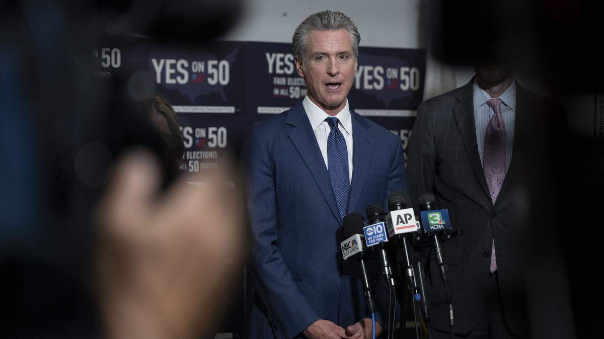 Gov. Gavin Newsom answers questions at the State Democratic Headquarters in Sacramento on Thursday, Aug. 21, 2025, as he starts the campaign to pass Proposition 50.