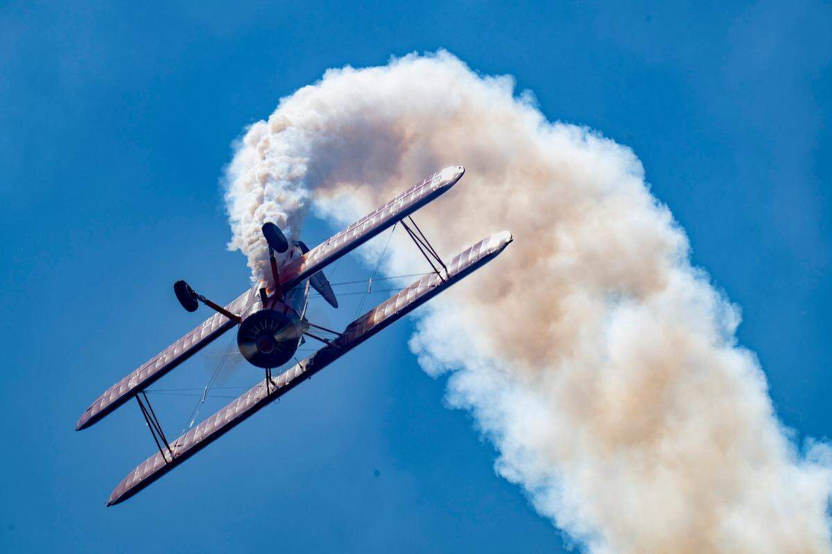 Vicky Benzing performs in a 1940 Boeing Stearman biplane during the Air & Space Expo at Beale Air Force Base on Saturday, June 7, 2025.