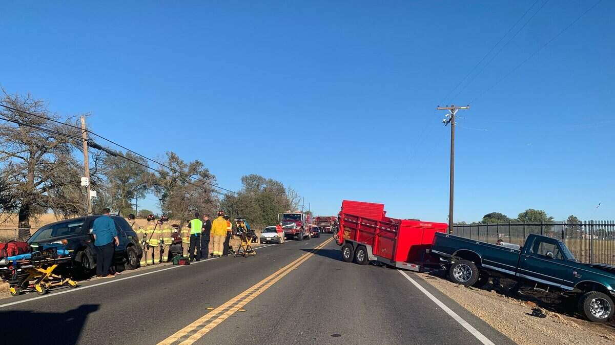 Six people were injured and taken to hospitals, including five children, after a crash Thursday, Aug. 25, 2022, on Jackson Road in the Vineyard area of Sacramento County. Injuries ranged from minor to moderate in the four-vehicle crash.
