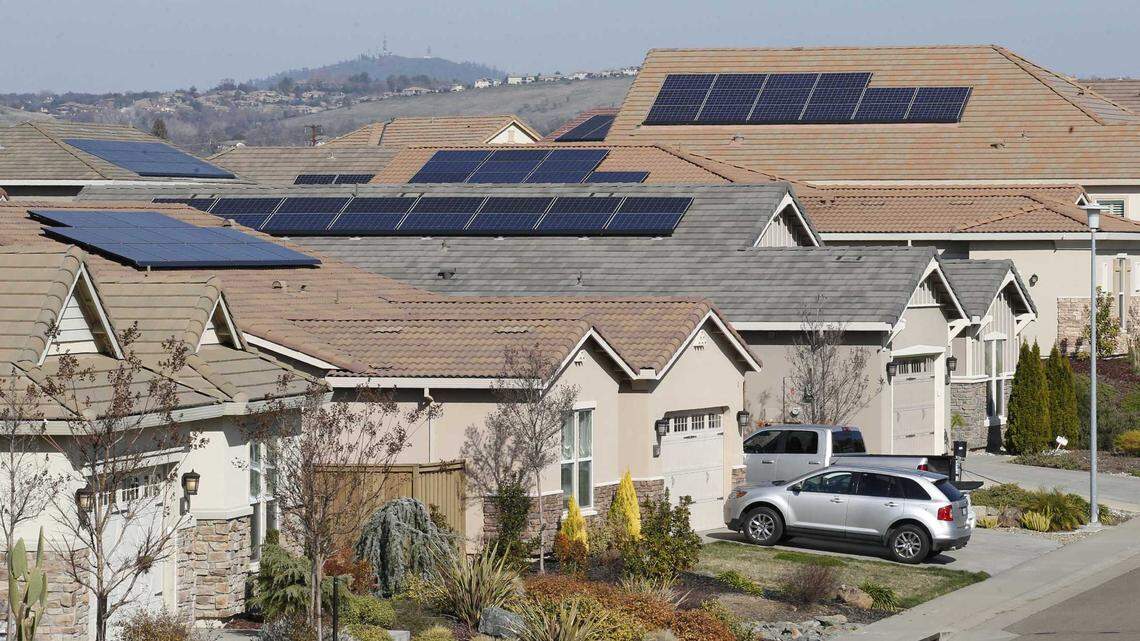 Solar panels are seen on rooftops in Folsom in 2020.