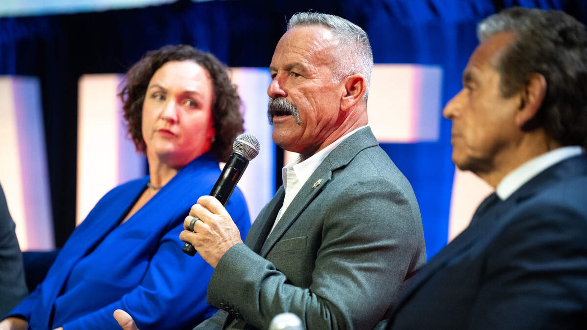 Riverside Sheriff Chad Bianco, a Republican candidate for governor, speaks at a California Chamber of Commerce panel in Sacramento in June. Bianco raised more than $1.6 million in the first half of 2025, outpacing several Democrats in a field reshaped by Kamala Harris’ decision not to run.