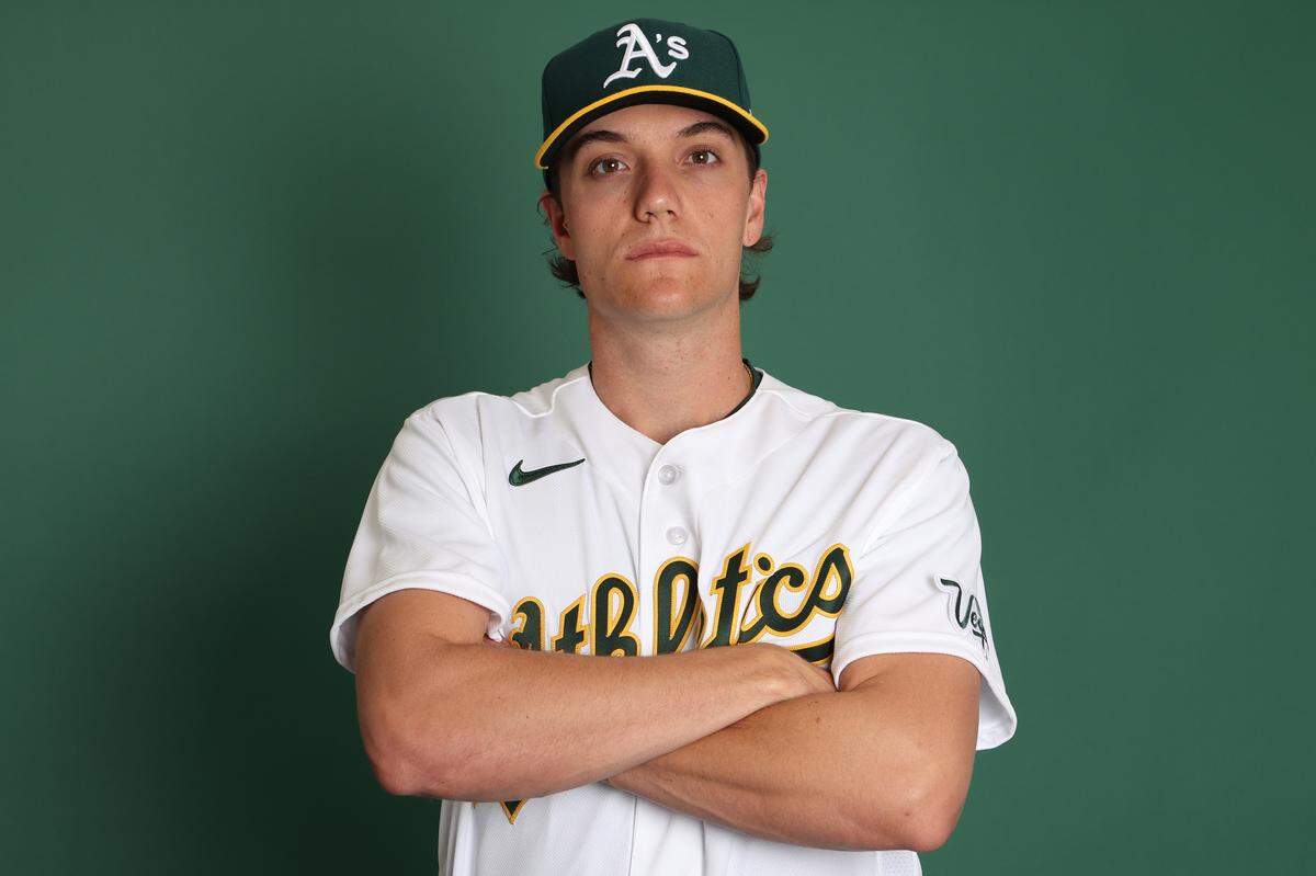 Athletics pitcher Kade Morris poses for a portrait during photo day at HoHoKam Stadium on February 20 in Mesa, Arizona. Morris was called up Tuesday and is expected to make his MLB debut this week.
