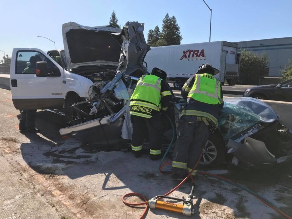 A four-vehicle crash closed lanes of westbound Highway 50 in West Sacramento on Monday, Aug. 12, 2019. Michael Gutierrez, president of Sacramento City College, was seriously injured; three others suffered minor injuries.