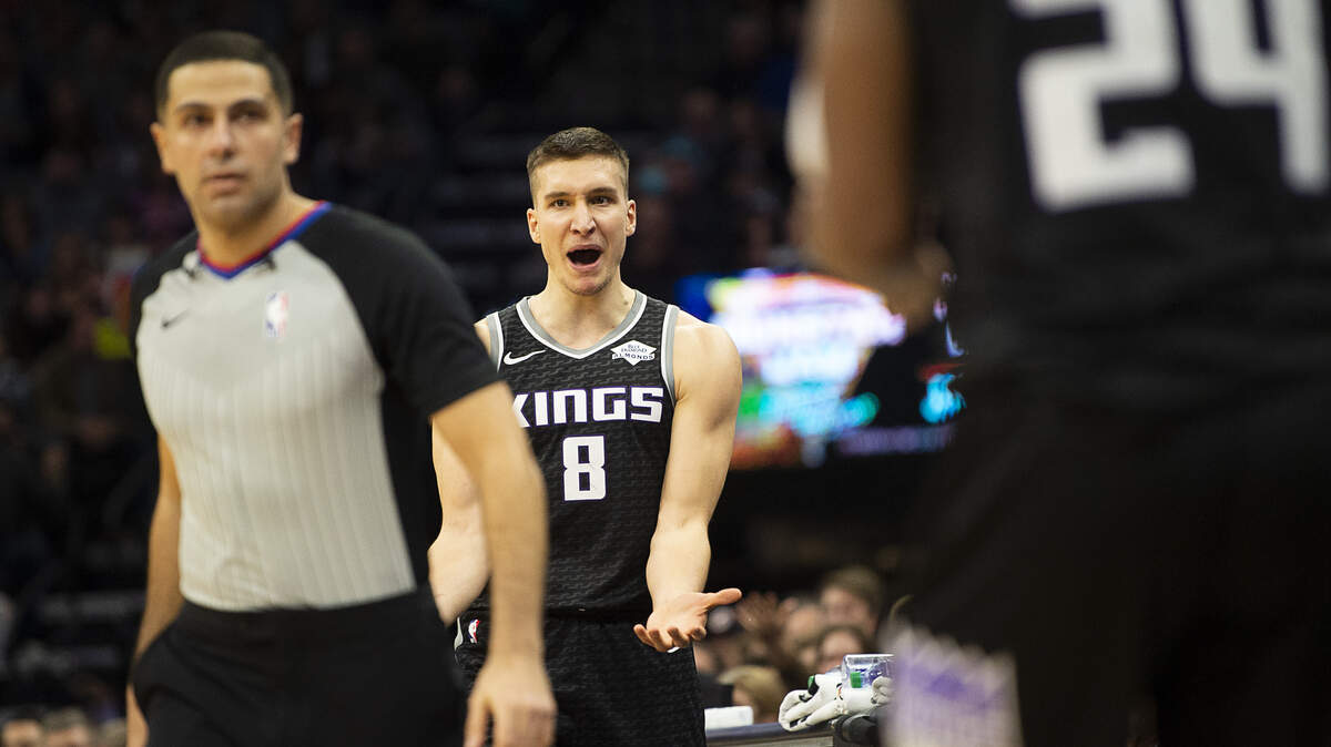 Sacramento Kings guard Bogdan Bogdanovic (8) yells at official during game at Golden 1 Center on Thursday, Jan 2, 2020 in Sacramento.
