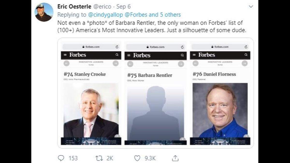 A Forbes list of 100 top U.S. innovators ranks Barbara Rentler, CEO of California-based Ross Stores, at No. 75 as the only woman, sparking a backlash. The magazine’s editor admits, “we blew it.”
