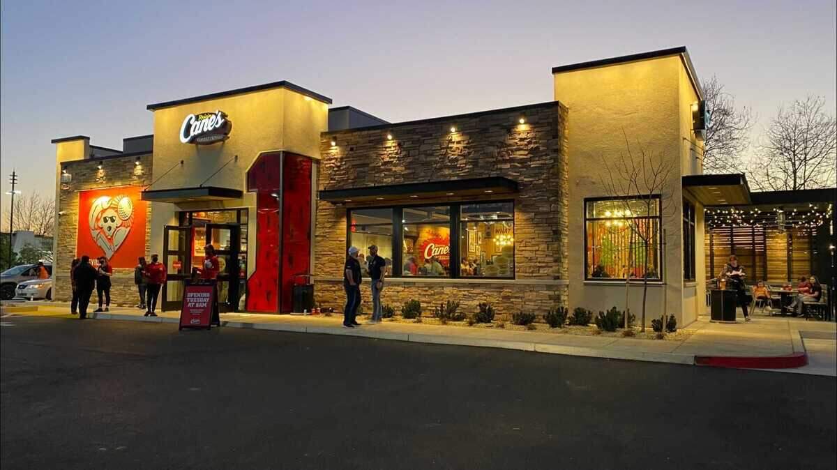 A Raising Cane’s Chicken Fingers restaurant in 2022. The fast food chain has submitted plans to build a drive-thru location at the Broadstone Pointe Shopping Center in Folsom.