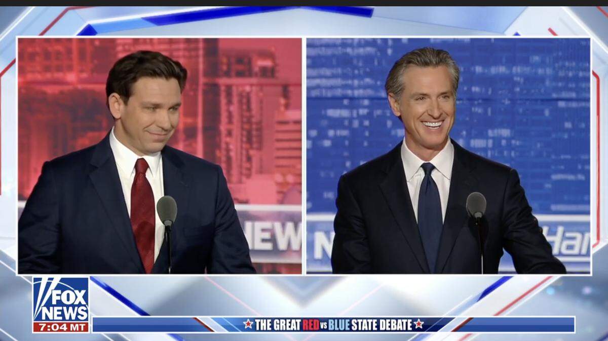 Florida Gov. Ron DeSantis, a Republican, debates California Gov. Gavin Newsom, a Democrat, in a Fox News debatę moderated by Sean Hannity on Thursday, Nov. 30, 2023.