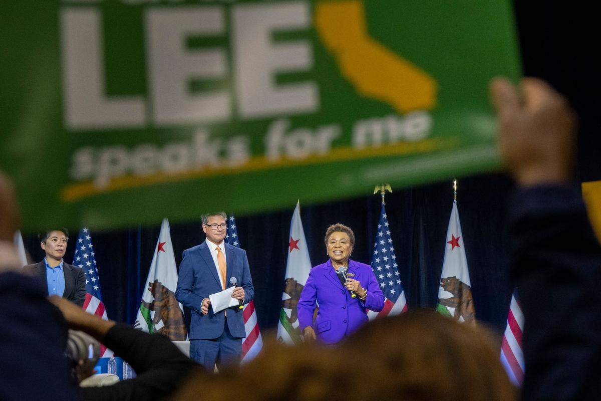 Rep. Barbara Lee, who is running for U.S. Senate, speaks at the Democratic nominating convention at SAFE Credit Union Convention Center in Sacramento on Saturday.