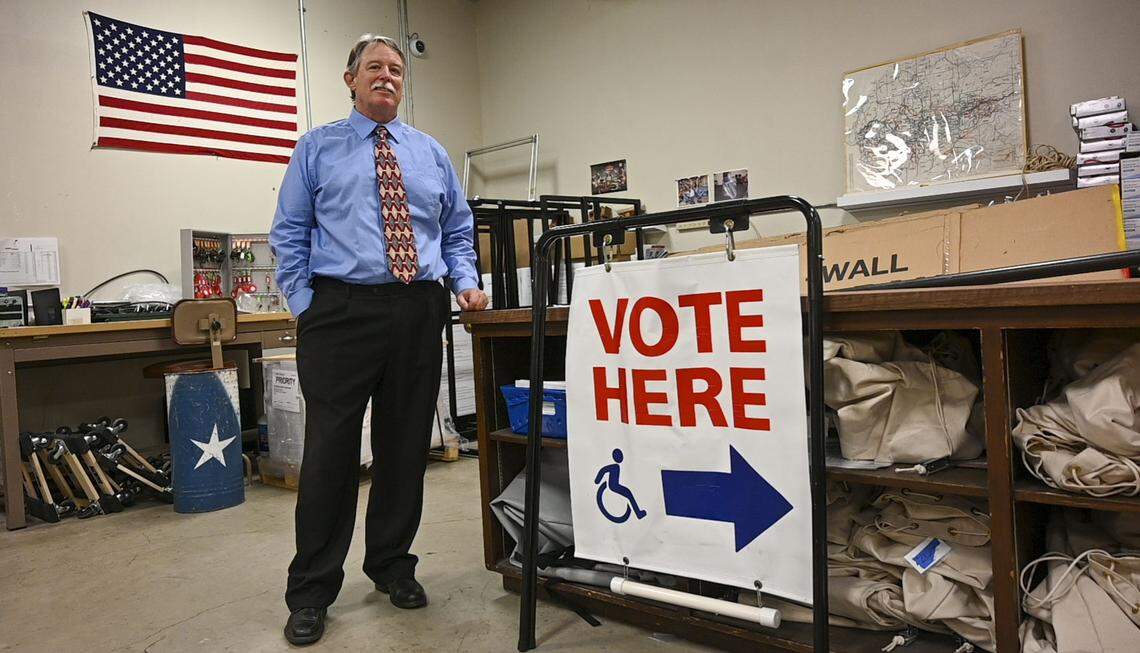 Bill O’Neill, registrar of voters for El Dorado County, stands in a secured warehouse earlier this month at the El Dorado County elections office and talks about the steps being taken related to security and transparency for the November election.