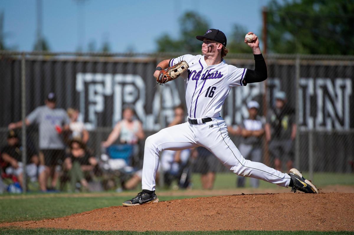 Franklin Wildcats pitcher Nolan Stevens (16) pitches in the top of the first inning during the Sac-Joaquin Section Division I playoff best of three opener on Monday, May 16, 2022, at Franklin High School in Elk Grove. McClatchy won 2-0.