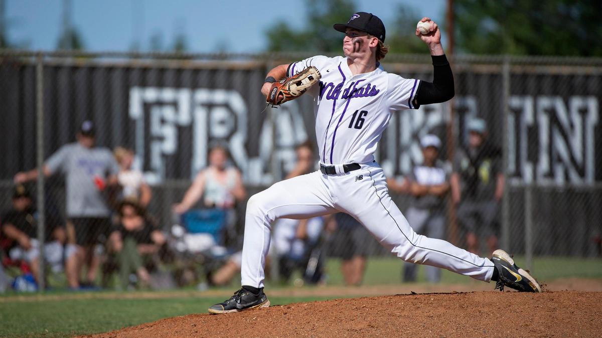 Franklin Wildcats pitcher Nolan Stevens (16) pitches in the top of the first inning during the Sac-Joaquin Section Division I playoff best of three opener on Monday, May 16, 2022, at Franklin High School in Elk Grove. McClatchy won 2-0.