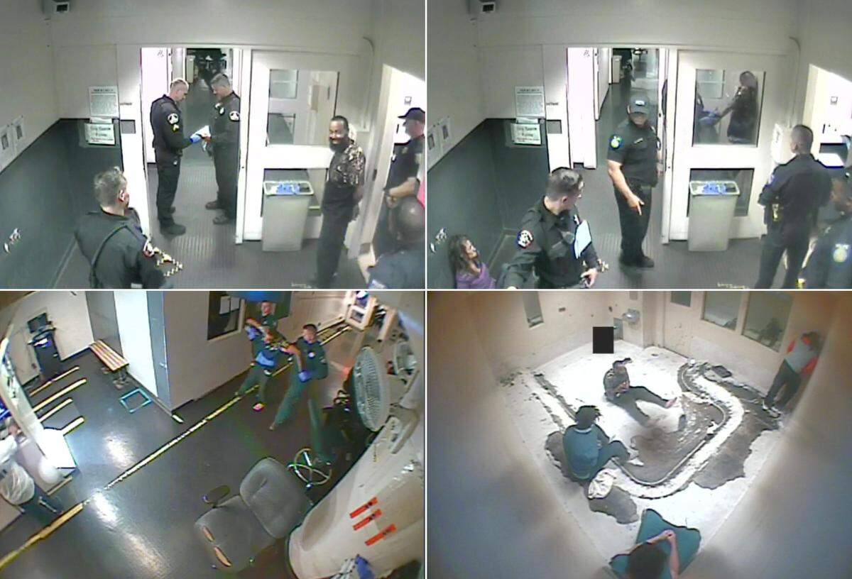 A sequence of images from video footage obtained by attorney Mark Merin shows the incident where Mayco Rodrique’s arm was broken as he was being booked at the Sacramento County Main Jail in 2017. Clockwise from top left: Rodrique seems to smile and joke with officers just before the incident; the deputy sheriff breaks his arm; Rodrique is then taken – arms restrained – to the booking photograph station; Rodrique clutches his arm after being placed in a holding cell. Merin filed a federal civil rights suit over the incident, which the sheriff’s office says was settled for $97,500 from the county, which admitted no wrongdoing.