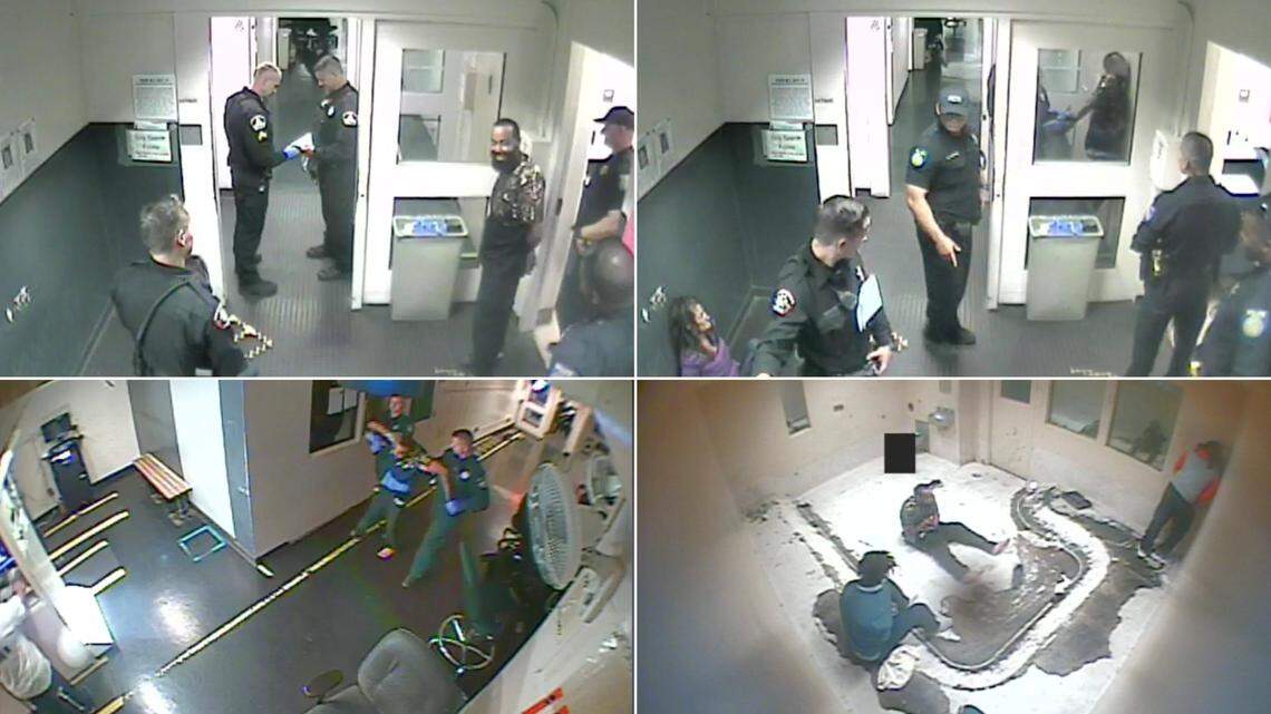 A sequence of images from video footage obtained by attorney Mark Merin shows the incident where Mayco Rodrique’s arm was broken as he was being booked at the Sacramento County Main Jail in 2017. Clockwise from top left: Rodrique seems to smile and joke with officers just before the incident; the deputy sheriff breaks his arm; Rodrique is then taken – arms restrained – to the booking photograph station; Rodrique clutches his arm after being placed in a holding cell. Merin filed a federal civil rights suit over the incident, which the sheriff’s office says was settled for $97,500 from the county, which admitted no wrongdoing.