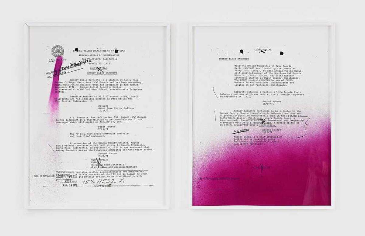 “Untitled (Peopleâs World)” by Sadie Barnette is archival prints of the artist’s father’s FBI papers obtained under the Freedom of Information Act. The Oakland artist’s 2018 work is on display as part of the “Young, Gifted and Black” exhibition at the Jan Shrem and Maria Manetti Shrem Museum of Art. The exhibit closes its run at the UC Davis museum on Dec. 19, 2022.