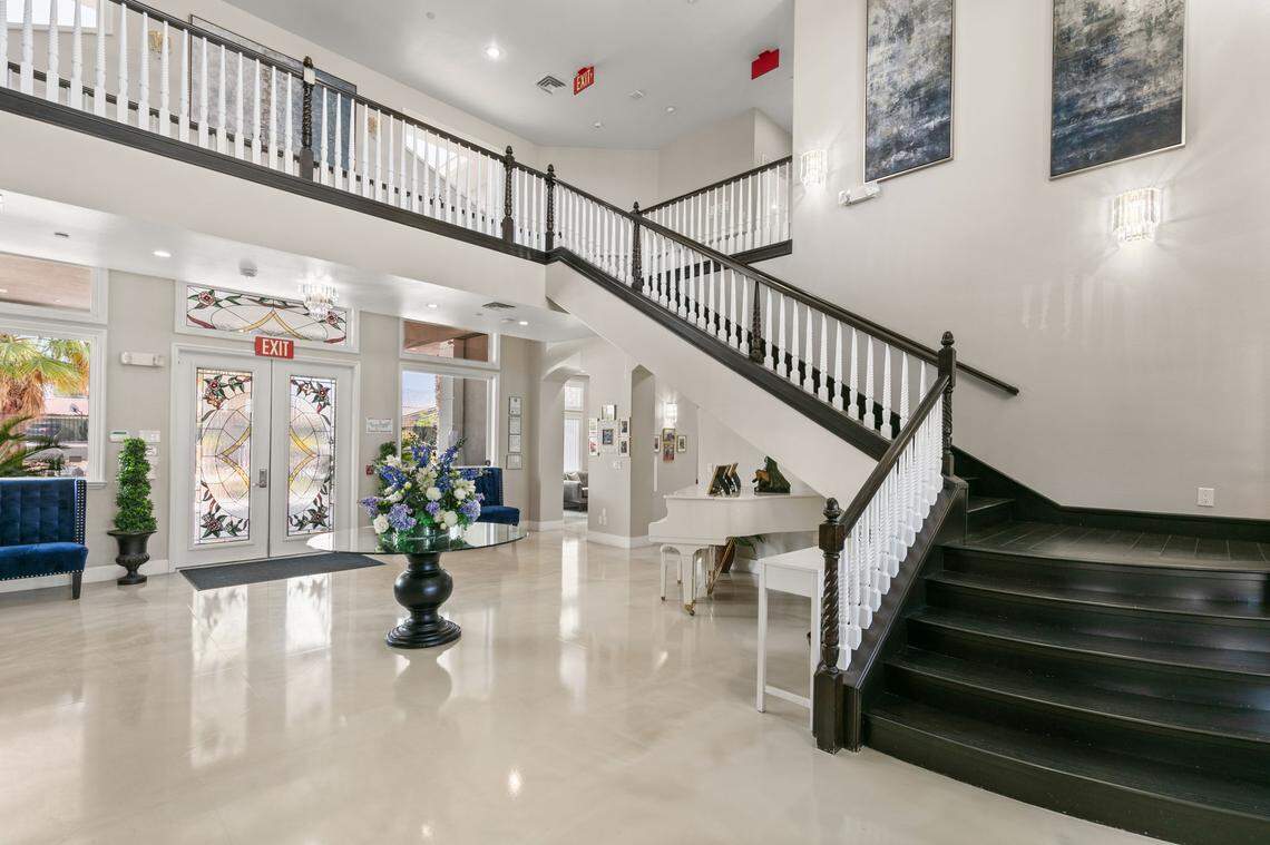 The layout of the residence includes grand common areas, such as a professional-grade kitchen, a large dining room, a 21-seat theater, an elevator, a fitness center with a sauna and steam room and a wine room and bar.