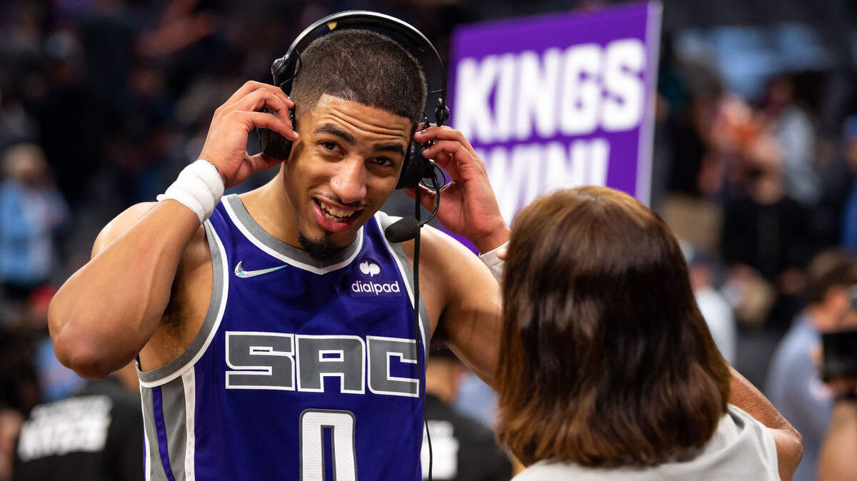 Sacramento Kings guard Tyrese Haliburton (0) prepares for an interview after a key performance in the Kings’ 112-99 win over the New Orleans Pelicans at the NBA basketball game Wednesday, Nov. 3, 2021, at Golden 1 Center in Sacramento.