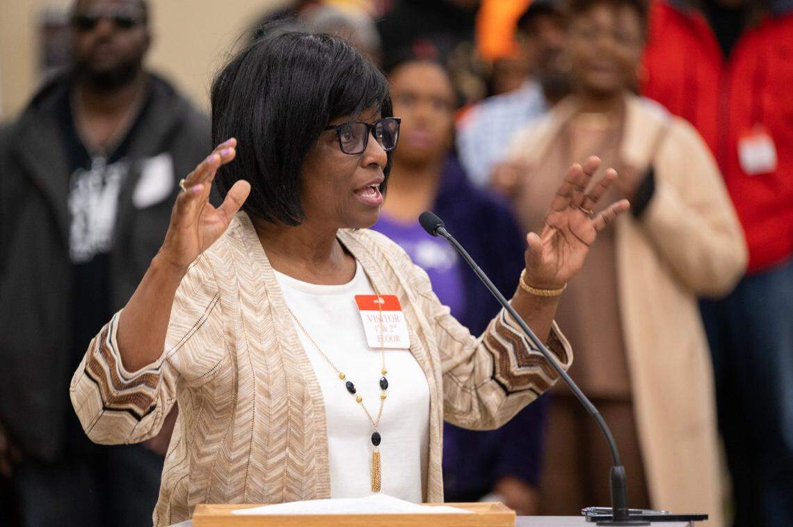 Gloria Pierrot-Dyer, of Roseville, speaks during the public comment portion of the Reparations Task Force meeting at the CalEPA Building in Sacramento on Friday. The task force is studying reparations proposals for African Americans, with special consideration for U.S. descendants of enslaved persons.
