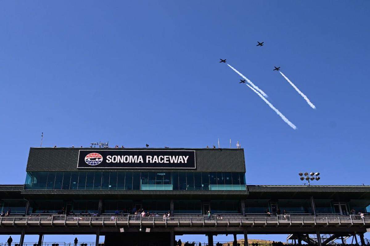 SONOMA, CALIFORNIA - JUNE 09: The Patriots Jet Demonstration Team preform an Air Show prior to the NASCAR Cup Series Toyota/Save Mart 350 at Sonoma Raceway on June 09, 2024 in Sonoma, California. (Photo by Meg Oliphant/Getty Images)