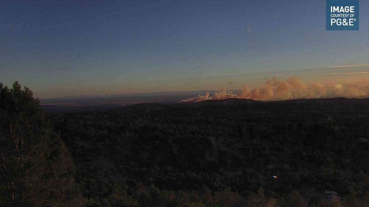 A PG&E camera that is part of the Alert Wildfire network shows the Beale Fire burning near Smartsville shortly after 8 p.m. Sunday, June 13, 2021. Cal Fire crews halted forward progress on the wildfire a short time later.