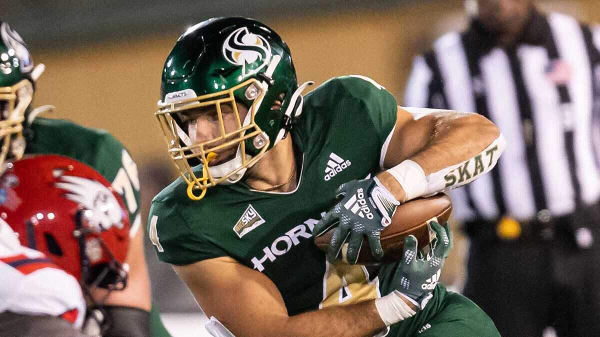 Sacramento State running back Cameron Skattebo, seen in a game against Utah Tech in September 2022, rushed for a career-best 201 yards as Sacramento State moved to 6-0 for just the second time in program history in a victory against Eastern Washington. Skattebo was picked Saturday in the fourth round of the NFL draft by the New York Giants.