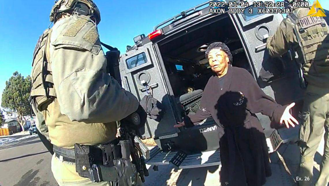 This image taken from Denver Police body camera footage provided by the American Civil Liberties Union of Colorado shows Ruby Johnson, a 78-year-old Colorado woman, surrounded by SWAT officers, Jan. 4, 2022, in Colorado.