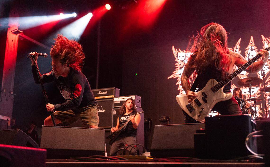 Dallas thrash band Power Trip, led by vocalist Riley Gale, left, performs during the Aftershock festival on Friday, Oct. 3, 2025, in Discovery Park in Sacramento.  