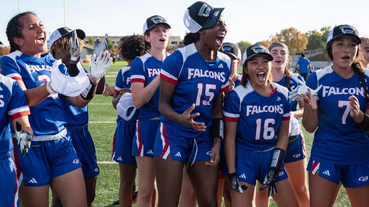 The Christian Brothers Falcons celebrate after winning the CIF Sac-Joaquin Division II flag football championship against the St. Mary’s Rams on Saturday at Cosumnes River College.