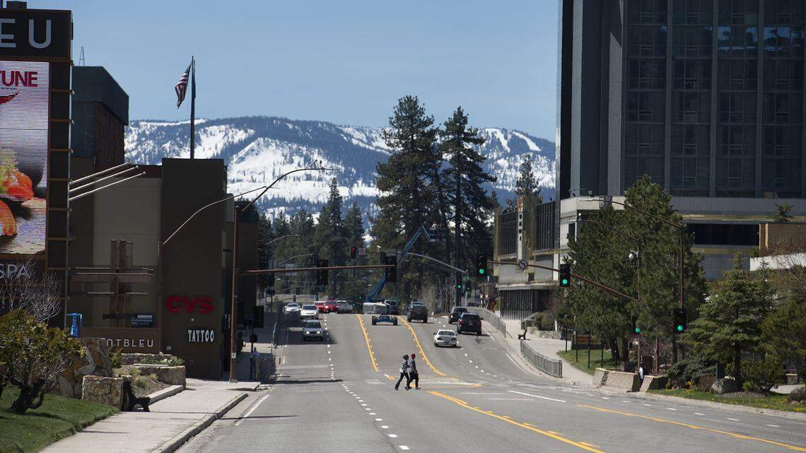 Pedestrians cross Highway 50 in South Lake Tahoe in 2017. 