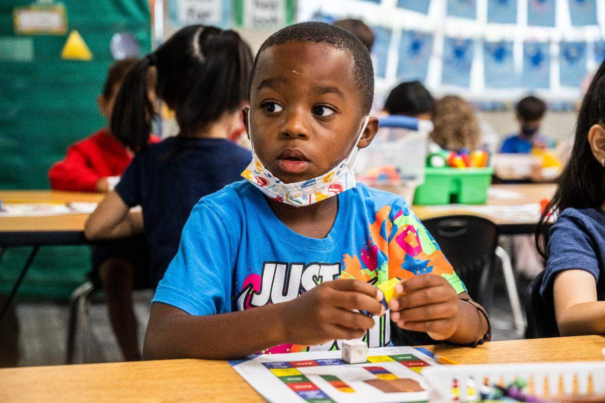 Carter Straughter, a kindergarten student at Zehnder Ranch Elementary School in Elk Grove works on a lesson in August. Gov. Gavin Newsom vetoed a bill requiring at least one all-day kindergarten class at each school, citing a need for fiscal discipline.