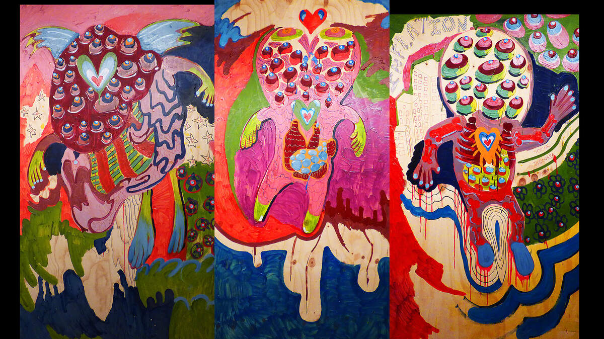 Tavarus Blackmon’s “Burden of Love, a large scale triptych, offers a fresh and personal narrative in his exciting show, ”Exquisite Diversion.”
