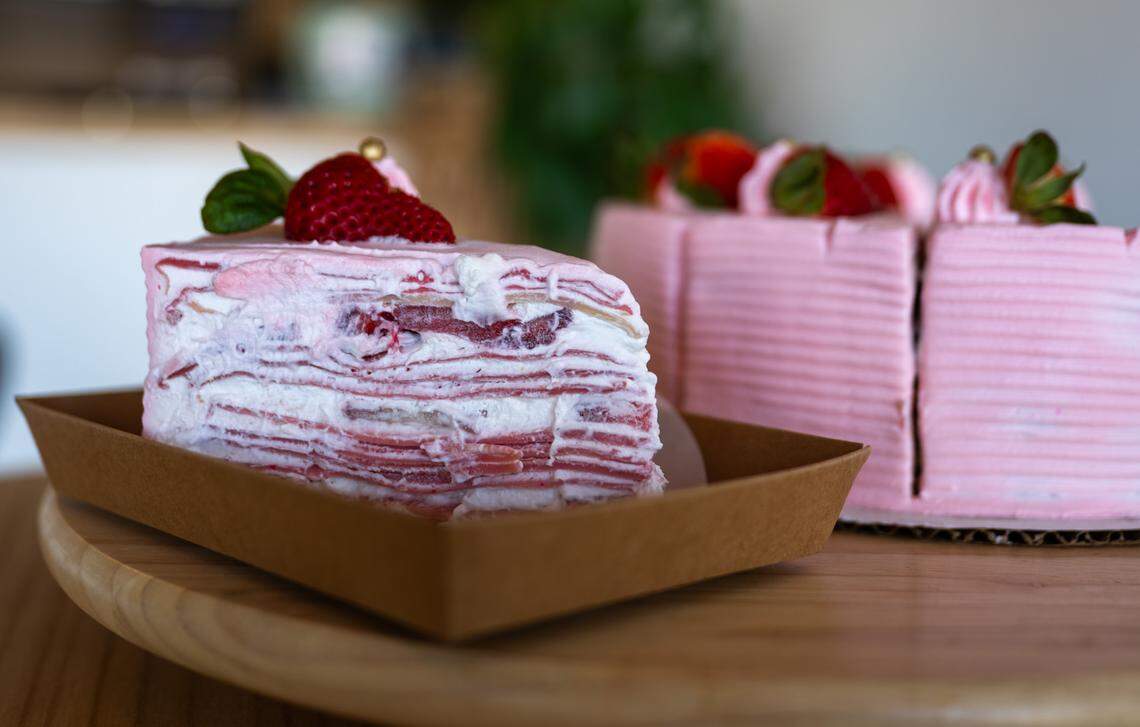 The strawberry crepe cake ($7) at Rice Theory on Freeport Boulevard in Sacramento last week. A mixed fruit version is also on the menu. 
