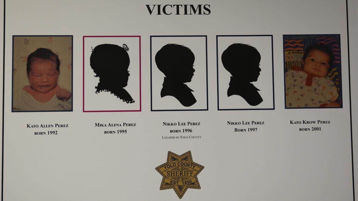 A poster shows the five newborn children that prosecutors said were killed by Paul Allen Perez, 57, of Delano, during a press conference at the Yolo County Sheriff’s Office on Monday, Jan. 27, 2020 in Woodland. The first victim was found in March 2007. Prosecutors said that DNA evidence linked the victim to Perez. 