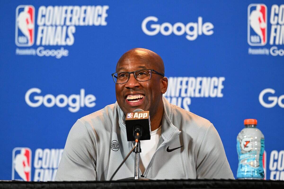 Head coach Mike Brown of the New York Knicks speaks to the media before Game 4 of the NBA Eastern Conference finals against the Cleveland Cavaliers at Rocket Arena on May 25, 2026 in Cleveland, Ohio.