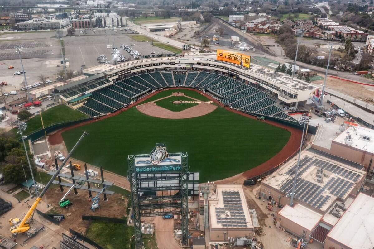 Sutter Health Park as seen from a drone on Wednesday, March 5, 2025. The Sacramento River Cats will play their first home game against the San Francisco Giants on March 23 and the Athletics will play their first home game against the Chicago Cubs on March 31.