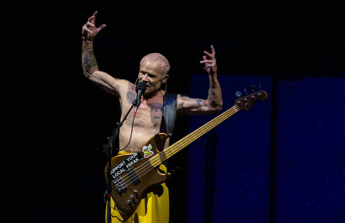 Red Hot Chili Peppers bassist Flea welcomes fans to the show at the Toyota Amphitheatre near Wheatland on Sunday, June 2, 2024.