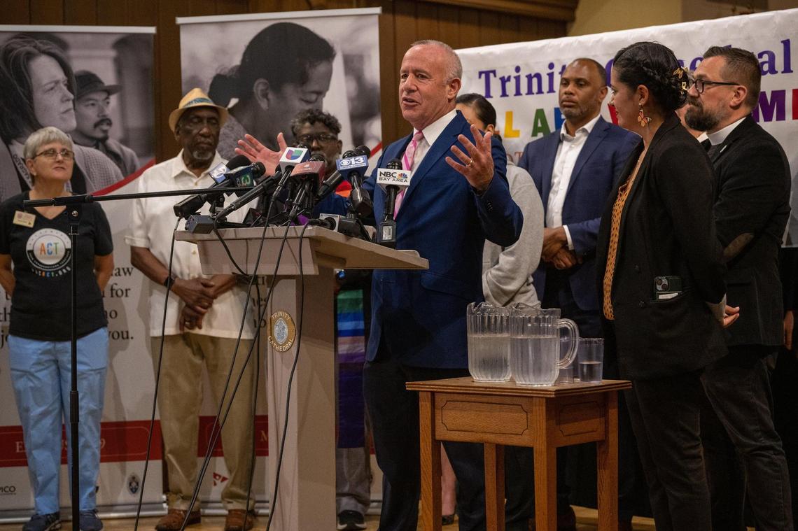 Sacramento Mayor Darrell Steinberg speaks at a press conference on Tuesday, June 6, 2023, about the arrival of 36 migrants via two mysterious plane flights to Sacramento in the past four days. “This is worth uplifting what you see behind me here today because this is the best of American values,” he said of the community’s response to support the unexpected arrivals.