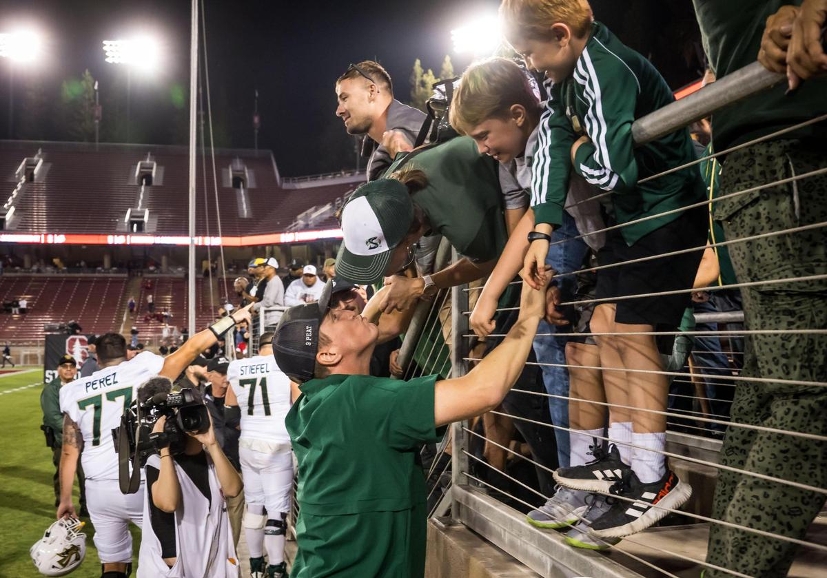 Sacramento State Hornets head coach Andy Thompson celebrates the team’s 30-23 win over the Stanford Cardinal at the NCAA college football game Saturday, Sept. 16, 2023, at Stanford University.