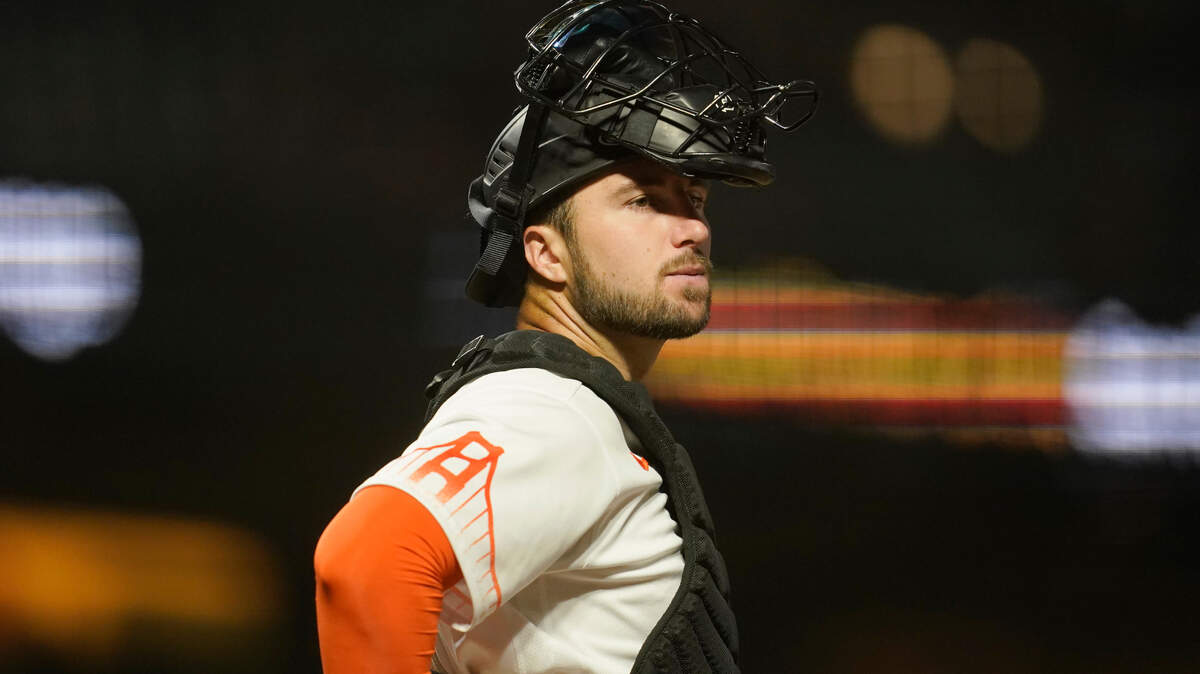 San Francisco catcher Joey Bart keeps an eye on the action during a game Tuesday, April 26, 2022.