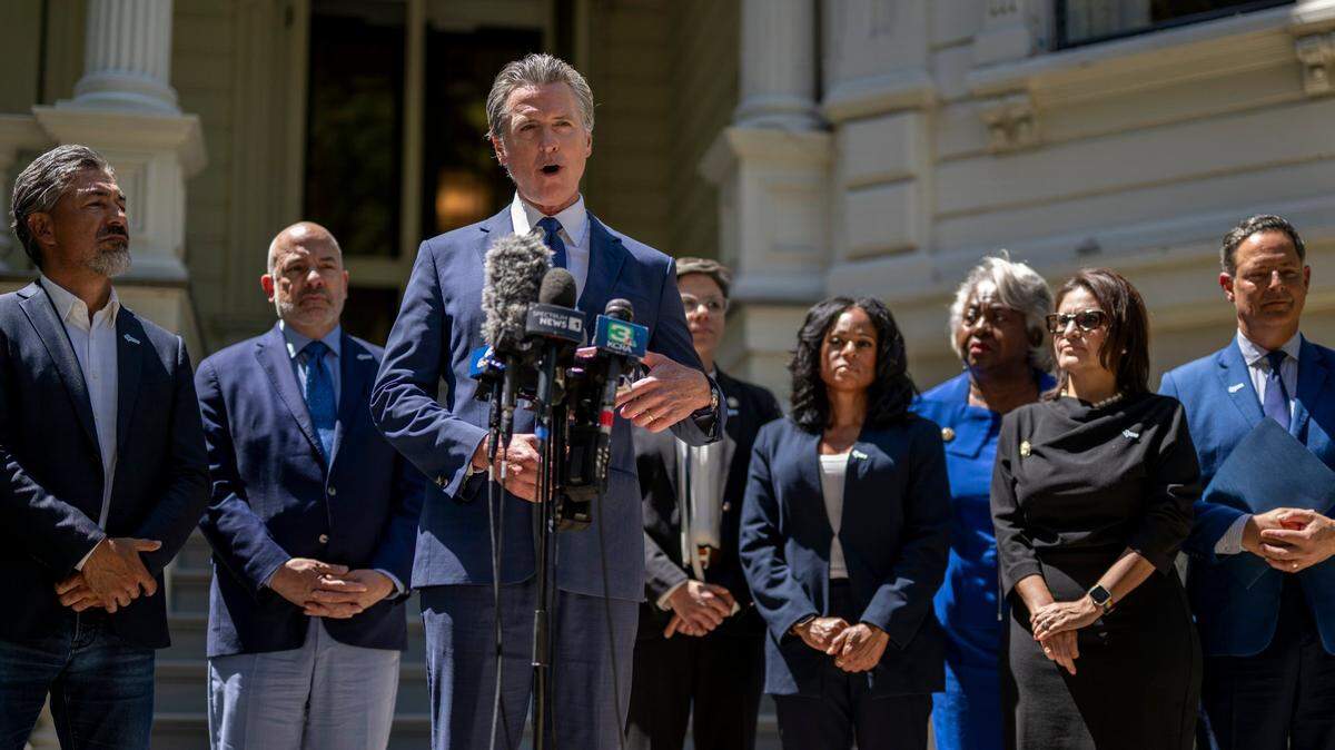 Gov. Gavin Newsom speaks during a news conference about redistricting at the Governor’s Mansion in downtown Sacramento on Friday, July 25, 2025, after meeting with Texas lawmakers about Republican plans to redraw districts in that state.