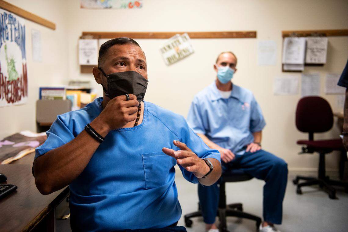 Inmate Joseph Hader, 37, speaks about working with mentors and mentees as part of the Youth Offender Program at Valley State Prison in Chowchilla. The program provides support, encouragement, guidance and mentorship to youth offenders in an effort to make a difference and stop the cycle of violence.