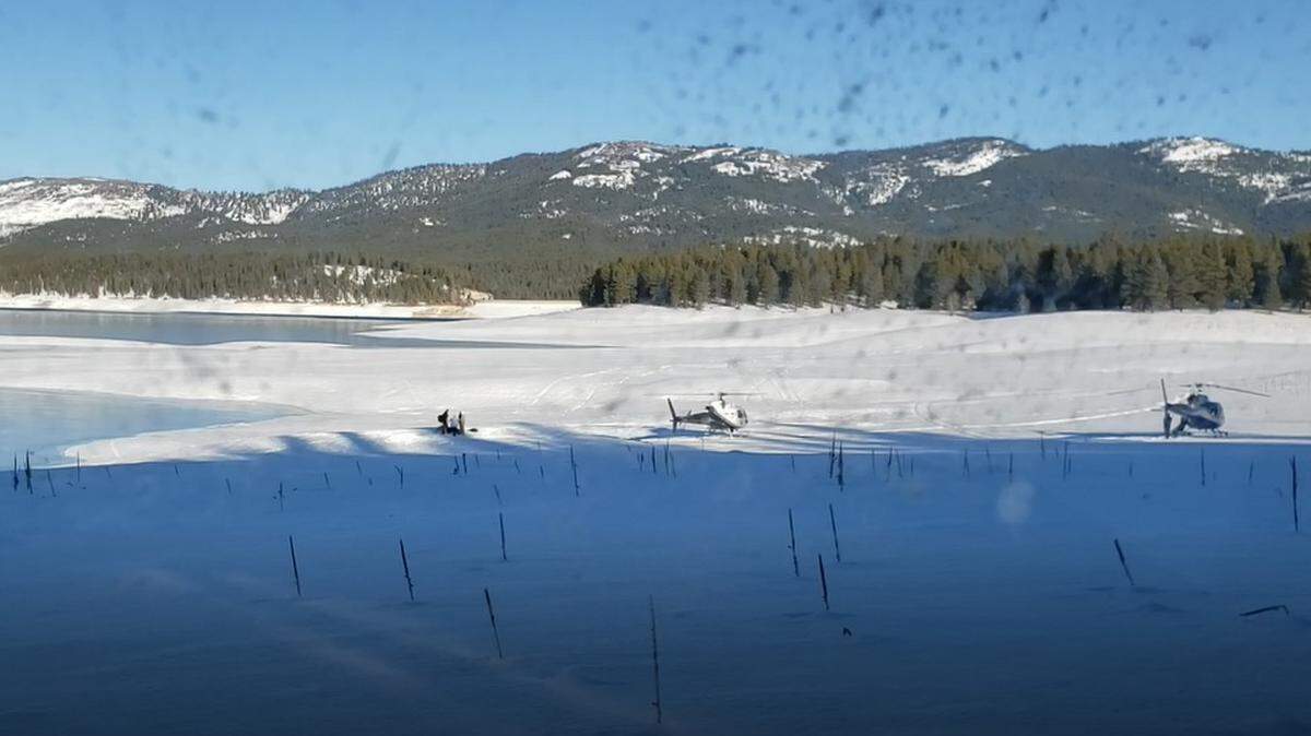 Crews worked to locate an ice skater who fell through the ice at Stampede Reservoir, seen Saturday, Feb. 5, 2022. The drowning victim was located and recovered Sunday, Feb. 6, by Washoe and Placer sheriff’s dive teams.