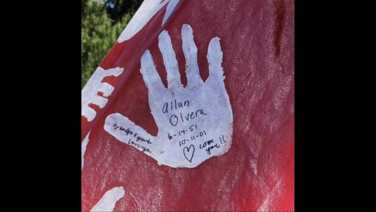 A handprint on the Missing and Murdered Indigenous People’s tee pee at the State Indian Museum honors Allan Olvera. It reads “grandpa & grandma love you.” Olvera died in October 2001 after he was bludgeoned to death in his home. His case has never been solved.
