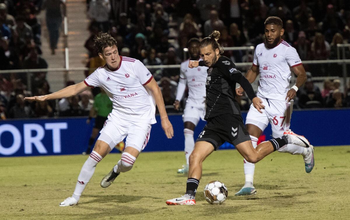 Sacramento Republic FC forward Russell Cicerone (11) shoots the first goal against Phoenix Rising during the USL Western Conference finals on Saturday, Nov. 4, 2023, at Heart Health Park in Sacramento.