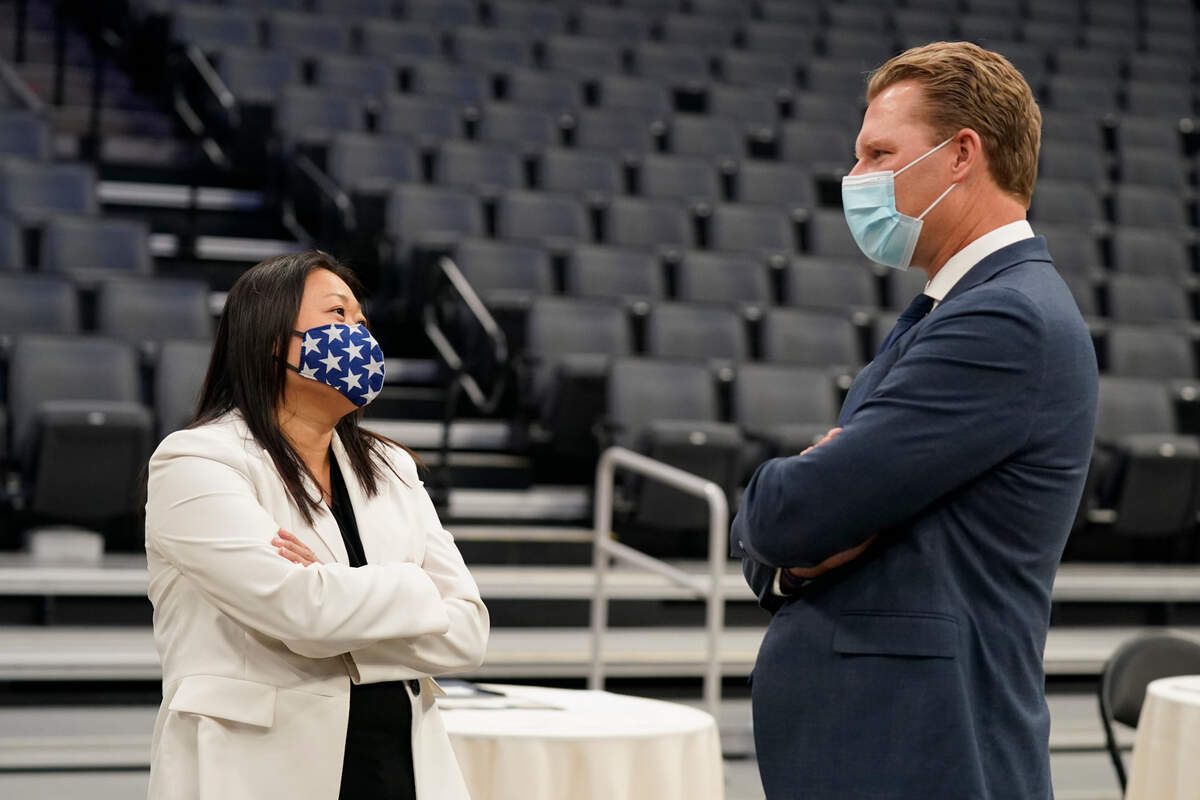 Assemblywoman Republican Janet Nguyen, left, R-Huntington Beach, speaks with independent Chad Mayes talk before the Assembly held its organizational session in Sacramento in December. Nguyen was first elected to the Garden Grove City Council.