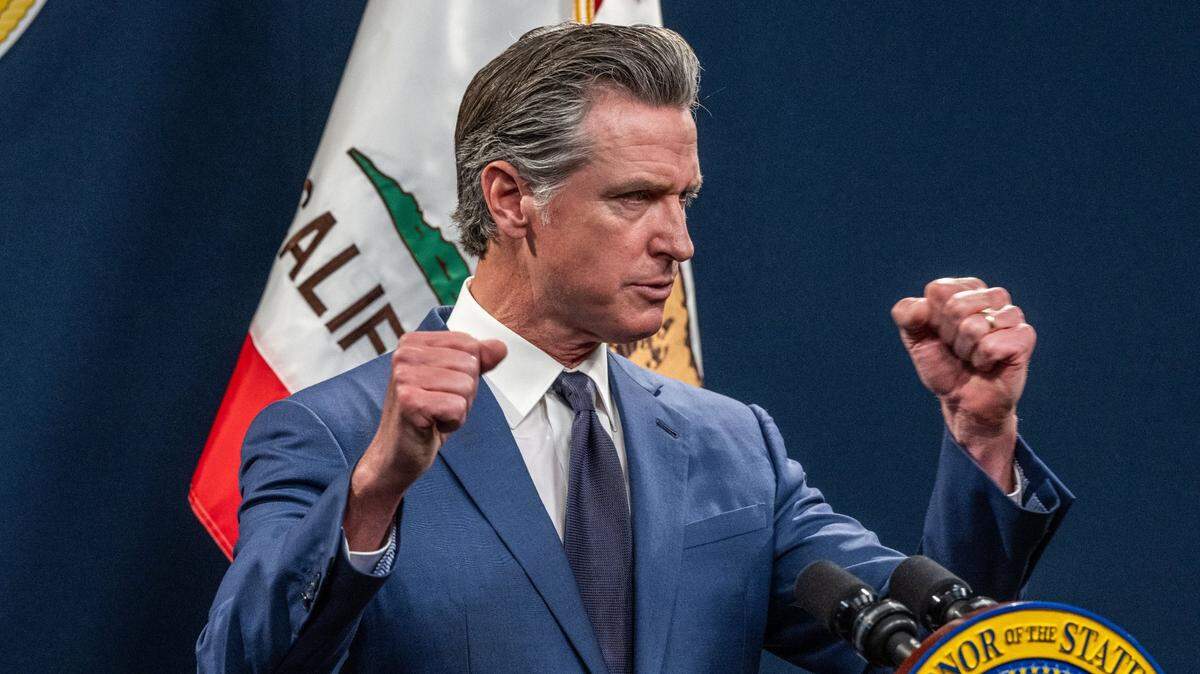 Gov. Gavin Newsom is seen during his May revise address last year. On Monday night, his office confirmed that the Governor’s Office has sent cellphones to a number of California business leaders with Newsom’s number plugged in.