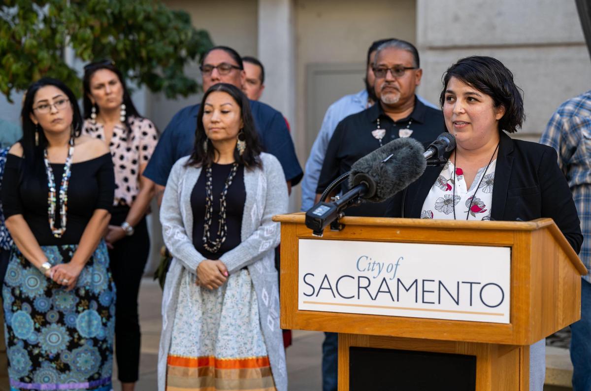 Sacramento City Councilwoman Katie Valenzuela speaks during a press conference outside City Hall on Tuesday, Oct. 11, 2022, where she calls for a disciplinary censure against Councilman Jeff Harris after an exchange they had regarding Indigenous Peoples’ Day and local tribes.