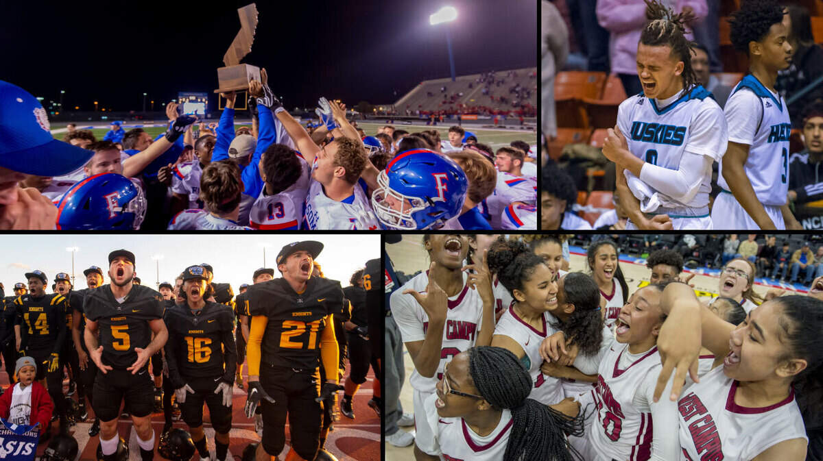 Clockwise from top left, Folsom football hoists its second consecutive CIF State Division 1-AA football trophy in December 2018, Sheldon boys basketball advances to the CIF State Open Division final, West Campus follows its CIF Division IV state title in 2017 by winning the Division III crown in 2018, Cameron Skattebo (5) and Rio Linda run to the CIF State Division 5-AA football championship.